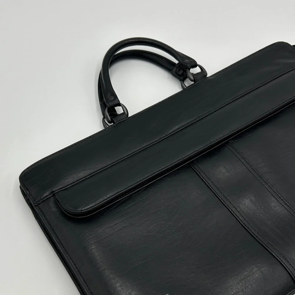 Men's Black Leather Briefcase Softshell Multi Compartment Zipper Professional